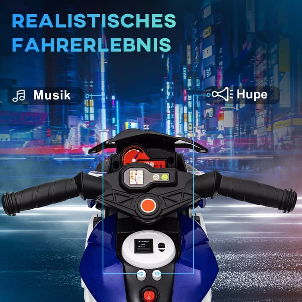 elektrisk børnemotorcykel, lys & lyde, 3 km/t, genopladelig, plast & metal, blå/hvid
