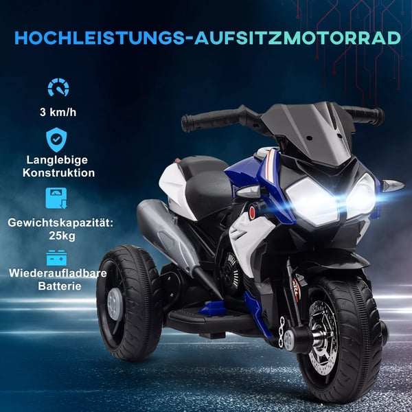 elektrisk børnemotorcykel, lys & lyde, 3 km/t, genopladelig, plast & metal, blå/hvid