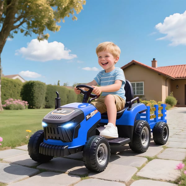 AIYAPLAY Elektrisk Børnetraktor med Trailer, Fjernbetjent, Soft-Start, Blå, 3-8 år