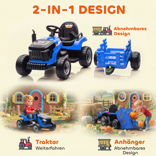 AIYAPLAY Elektrisk Børnetraktor med Trailer, Fjernbetjent, Soft-Start, Blå, 3-8 år