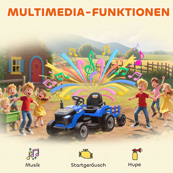 AIYAPLAY Elektrisk Børnetraktor med Trailer, Fjernbetjent, Soft-Start, Blå, 3-8 år