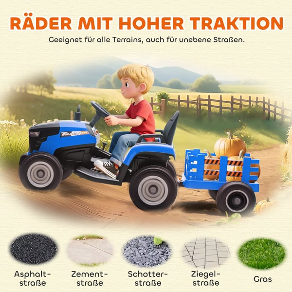 AIYAPLAY Elektrisk Børnetraktor med Trailer, Fjernbetjent, Soft-Start, Blå, 3-8 år