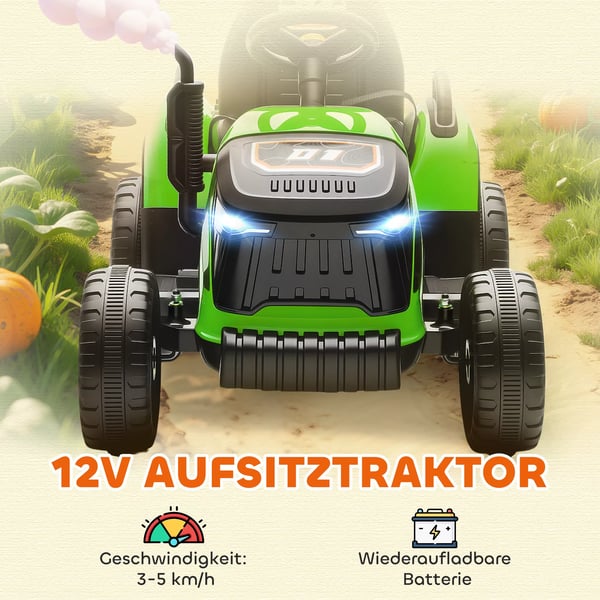 AIYAPLAY Elektrisk Børnetraktor med Trailer, Fjernbetjent, Soft Start, Grøn