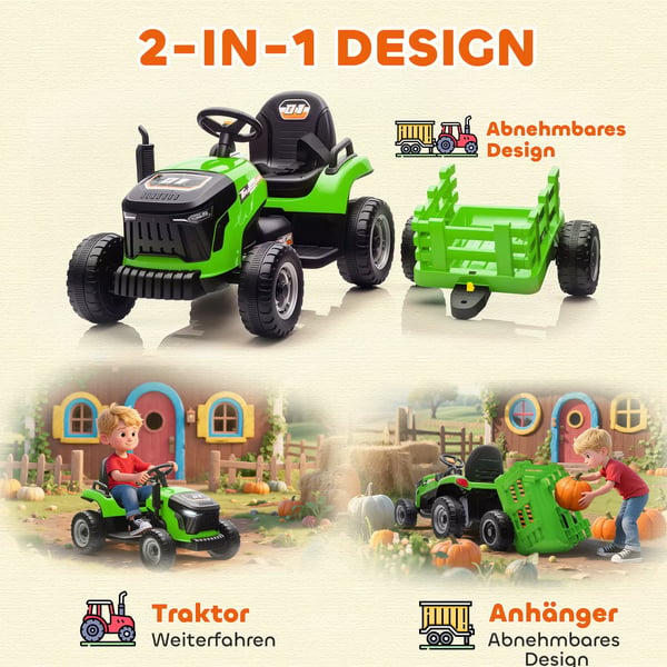 AIYAPLAY Elektrisk Børnetraktor med Trailer, Fjernbetjent, Soft Start, Grøn