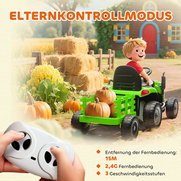 AIYAPLAY Elektrisk Børnetraktor med Trailer, Fjernbetjent, Soft Start, Grøn