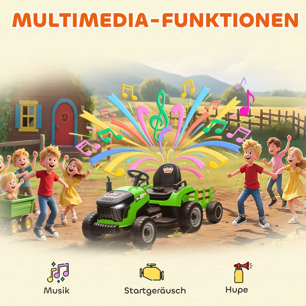AIYAPLAY Elektrisk Børnetraktor med Trailer, Fjernbetjent, Soft Start, Grøn