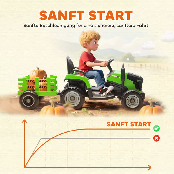 AIYAPLAY Elektrisk Børnetraktor med Trailer, Fjernbetjent, Soft Start, Grøn