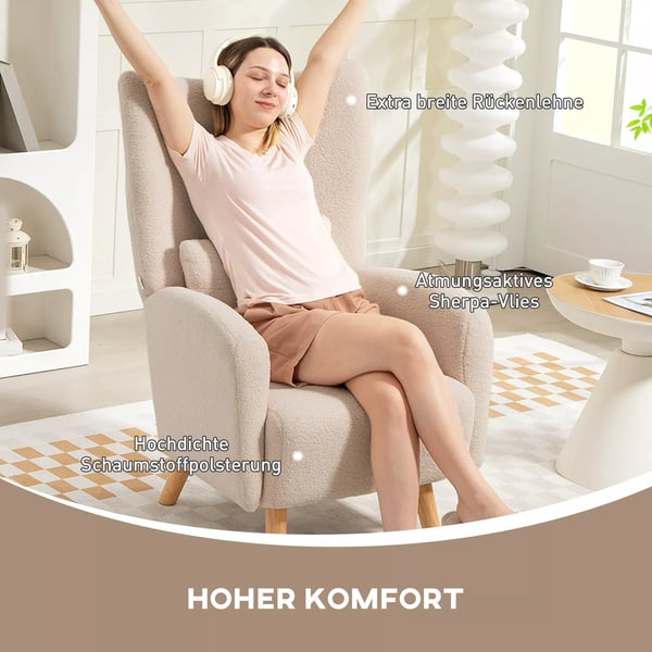 Accentstol, stoppad fåtölj med plyschöverdrag, skumkudde, vingfåtölj, beige