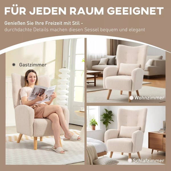 Accentstol, stoppad fåtölj med plyschöverdrag, skumkudde, vingfåtölj, beige