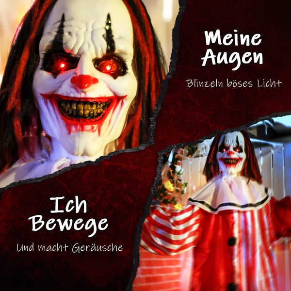 Halloweenpynt 165 cm Halloweenclown med LED-lampor, ljudeffekt, kroppseffekt