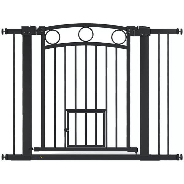 Husdjursgrind: Justerbar 77cm trappgrind, 76-104cm bredd, med kattlucka, svart plast/stål, för dörröppningar