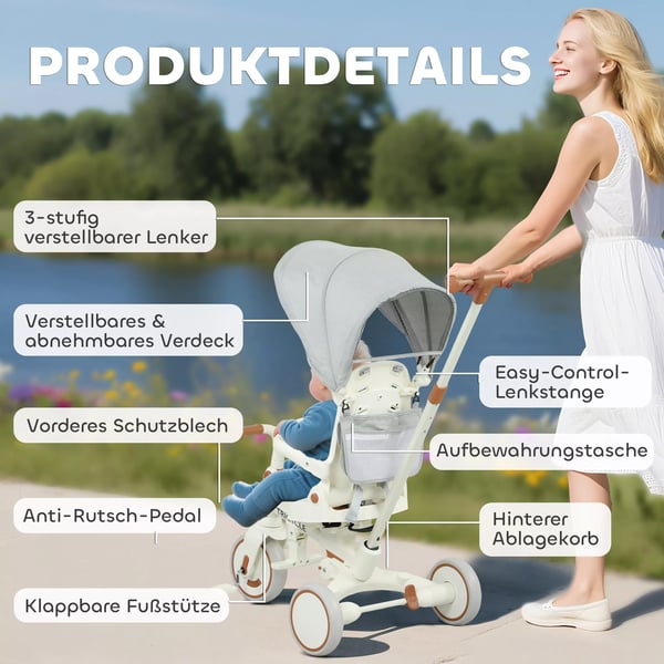 5-i-1 Trehjulet cykel til børn, Konvertibel klapvogn, Justerbar, Sikkerhedssele, Opbevaring, Cremefarvet hvid