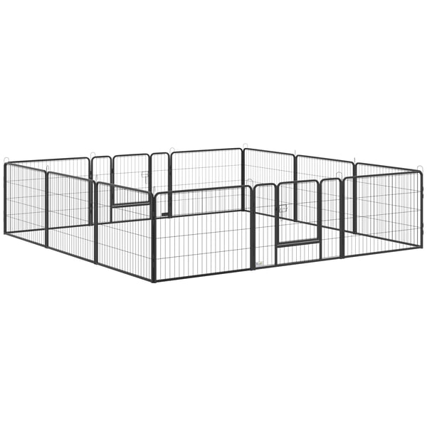 PawHut Løbegård, 12 paneler, 60 cm høj, med dør, til hunde og hvalpe, stål, sort