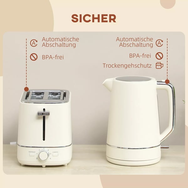 Sæt bestående af 1,7 L kedel og brødrister med 6 bruningsniveauer, beige
