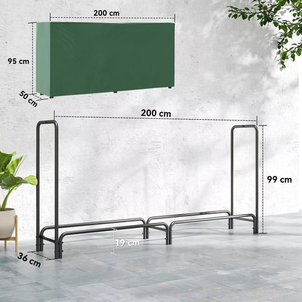 Vedställ med överdrag, svart metall, 200x36x99 cm