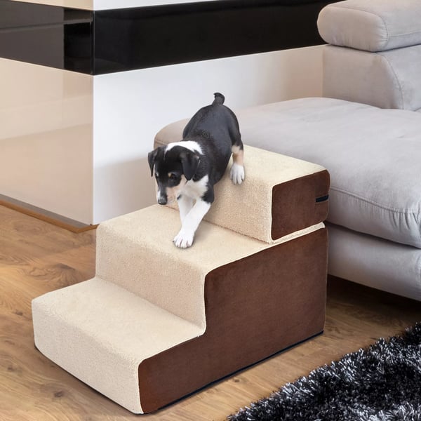 PawHut Kæledyrstrappe med 3 Trin - Plys, Beige - Perfekt til Ældre, Små Hunde og Katte, 54x40x39cm
