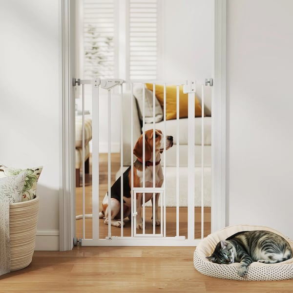PawHut Dørsikringsgitter til Hunde og Babyer - Uden Boring, Automatisk Lukning, 74-80cm, Hvidt Stål & Plastik