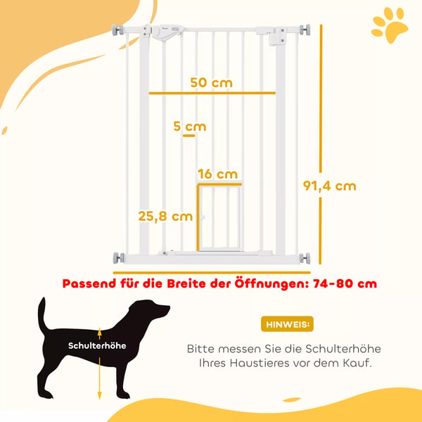 PawHut Dørsikringsgitter til Hunde og Babyer - Uden Boring, Automatisk Lukning, 74-80cm, Hvidt Stål & Plastik