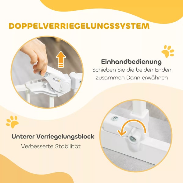 PawHut Dørsikringsgitter til Hunde og Babyer - Uden Boring, Automatisk Lukning, 74-80cm, Hvidt Stål & Plastik