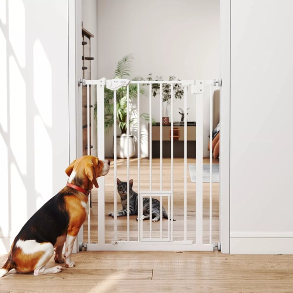 PawHut Dørsikringsgitter til Hunde og Babyer - Uden Boring, Automatisk Lukning, 74-80cm, Hvidt Stål & Plastik