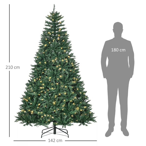 keinotekoinen joulukuusi, 210 cm joulukuusi 2154 kärjellä, 700 LED-valoa, liukumaton metalliteline, sisätiloihin, joulukoristeeksi, vihreä