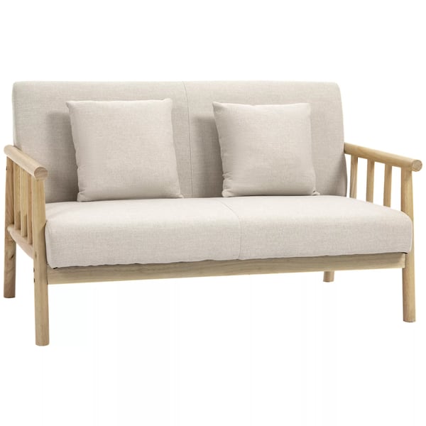 HOMCOM 2-personers sofa, beige, polyester, linned-look, træstel, 2 hynder, pladsbesparende