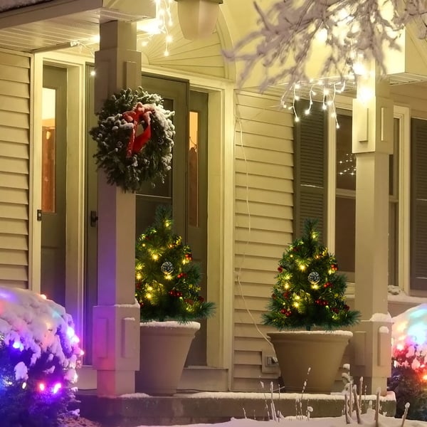 2-pack konstgjorda julgranar 75cm, gröna PVC-grenar, med kottar, bär och LED-ljus