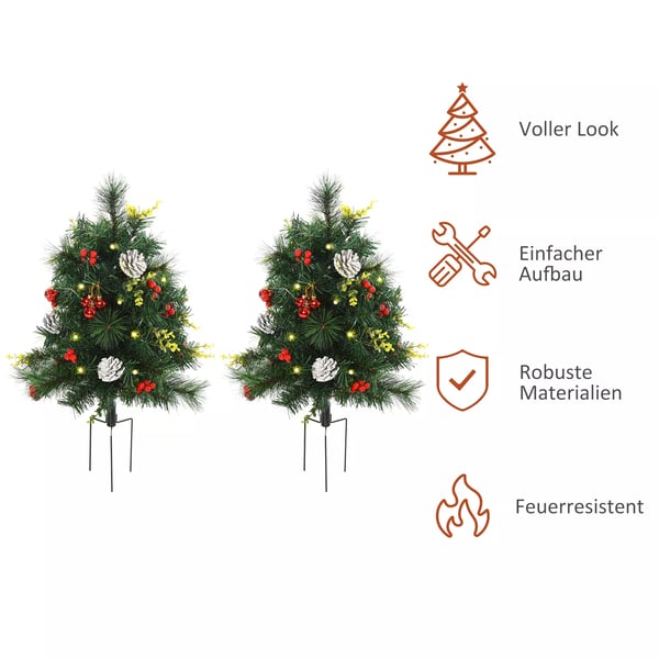2-pack konstgjorda julgranar 75cm, gröna PVC-grenar, med kottar, bär och LED-ljus