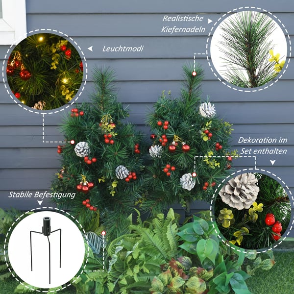 2-pack konstgjorda julgranar 75cm, gröna PVC-grenar, med kottar, bär och LED-ljus