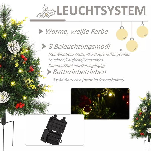 2-pack konstgjorda julgranar 75cm, gröna PVC-grenar, med kottar, bär och LED-ljus