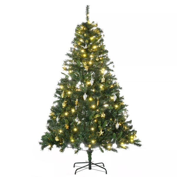HOMCOM Tekojoulukuusi, 180cm vihreä, 745 kärkeä, 200 LED-valoa, pallukoristeilla