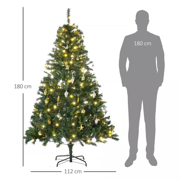 HOMCOM Kunstigt Juletræ 180 cm med 745 grene, 200 LED lys og julekugler - Grøn