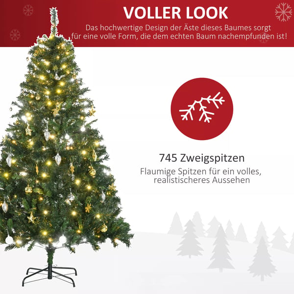 HOMCOM Kunstigt Juletræ 180 cm med 745 grene, 200 LED lys og julekugler - Grøn