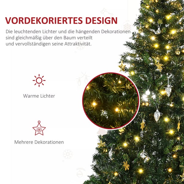 HOMCOM Kunstigt Juletræ 180 cm med 745 grene, 200 LED lys og julekugler - Grøn