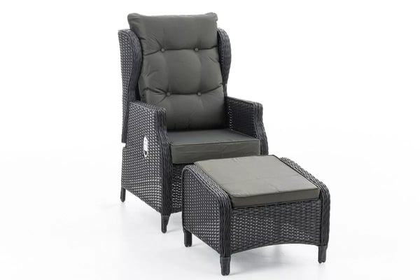 Breno Justerbar Lænestol med Fodskammel - Sort Polyrattan, Aluminiumsstel, 10 cm Hynder