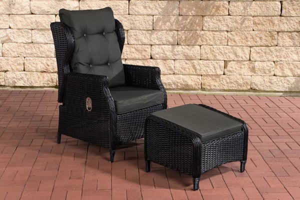 Breno Justerbar Lænestol med Fodskammel - Sort Polyrattan, Aluminiumsstel, 10 cm Hynder