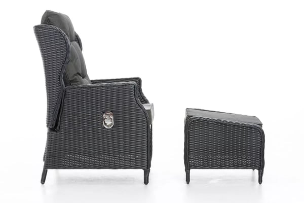 Breno Justerbar Lænestol med Fodskammel - Sort Polyrattan, Aluminiumsstel, 10 cm Hynder