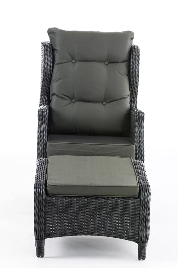 Breno Justerbar Lænestol med Fodskammel - Sort Polyrattan, Aluminiumsstel, 10 cm Hynder