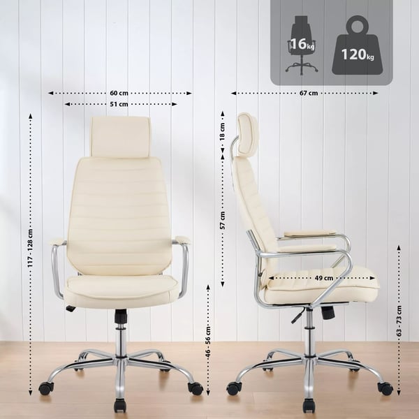 Rako Ergonomisk Kontorstol i Cremefarvet Kunstlæder med Krom-Look Metalbase