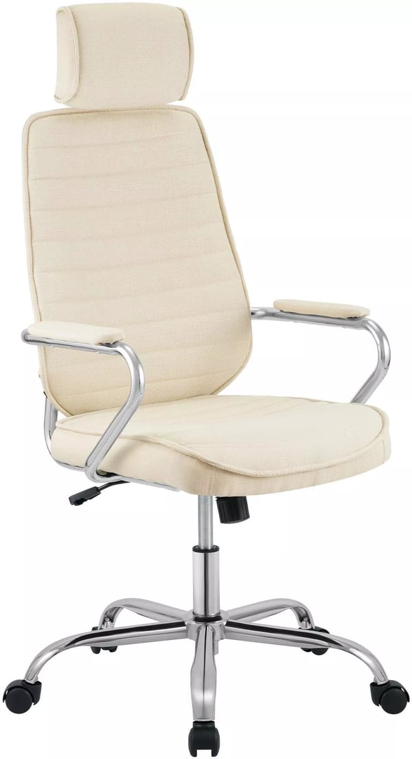 Kontorstol i cremefarvet stof med krom-look metalbase og nakkestøtte - Ergonomisk design, vippemekanisme