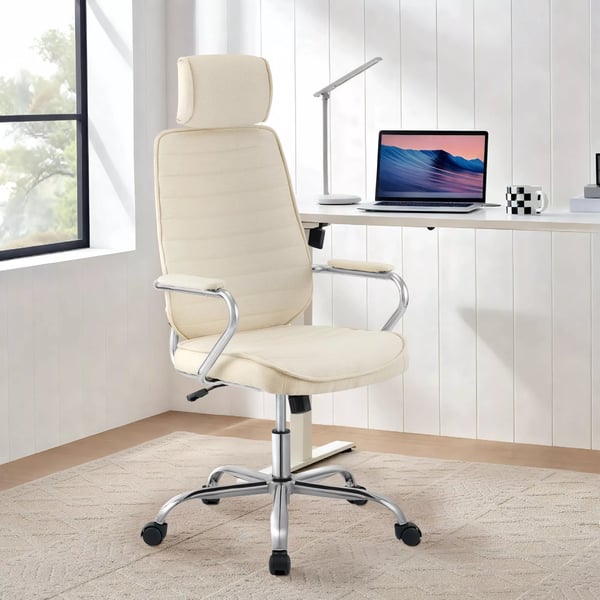Kontorstol i cremefarvet stof med krom-look metalbase og nakkestøtte - Ergonomisk design, vippemekanisme