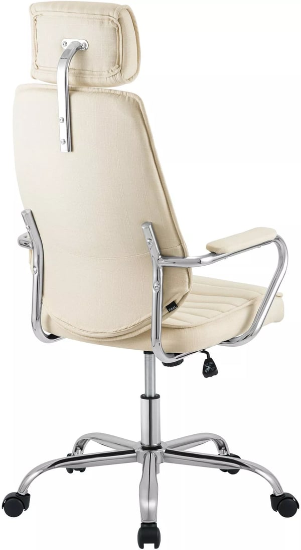 Kontorstol i cremefarvet stof med krom-look metalbase og nakkestøtte - Ergonomisk design, vippemekanisme
