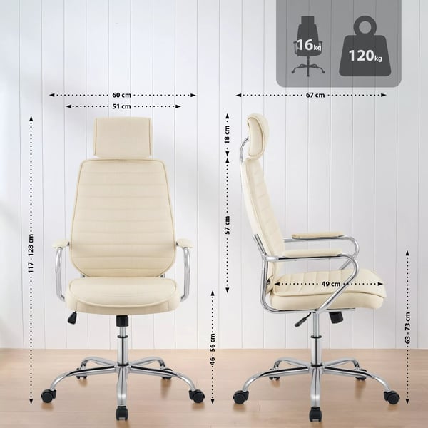 Kontorstol i cremefarvet stof med krom-look metalbase og nakkestøtte - Ergonomisk design, vippemekanisme