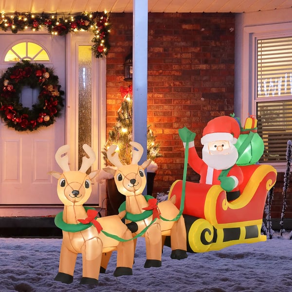 Uppblåsbar jultomte med renar, 6 LED-lampor, 240 cm. Väderbeständig juldekoration. Självuppblåsande juldekoration för inomhus- och utomhusbruk.