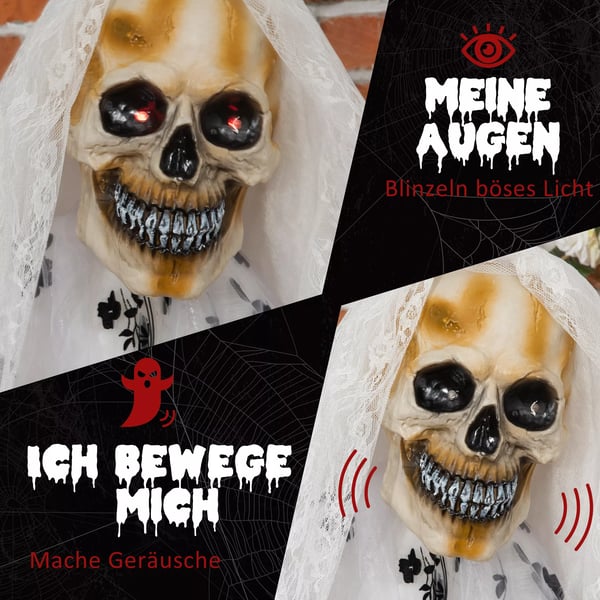 175cm Halloween Dekoration Hängande Spökbrud Skelett Skalle med glödande ögon, specialeffekter och ljudfunktion i naturlig storlek
