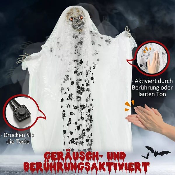 175cm Halloween Dekoration Hängande Spökbrud Skelett Skalle med glödande ögon, specialeffekter och ljudfunktion i naturlig storlek
