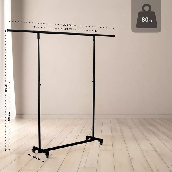 Soran Sammenklappeligt Tøjstativ med Stålrør, Sort Metal, 150x50x188 cm