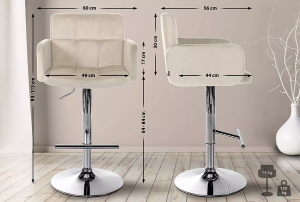 Set med 2 gräddfärgade barstolar i sammet med metallram - justerbar höjd och svängbar