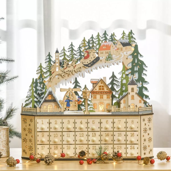 Adventskalender med 24 Lådor, Juldekor med LED Naturträ 45x13x43 cm