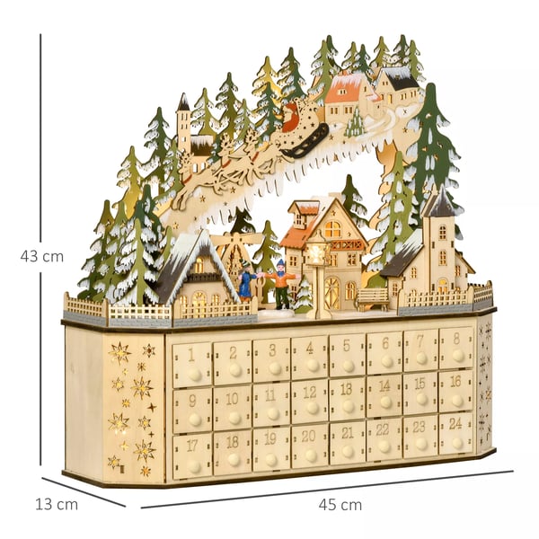 Adventskalender med 24 Lådor, Juldekor med LED Naturträ 45x13x43 cm